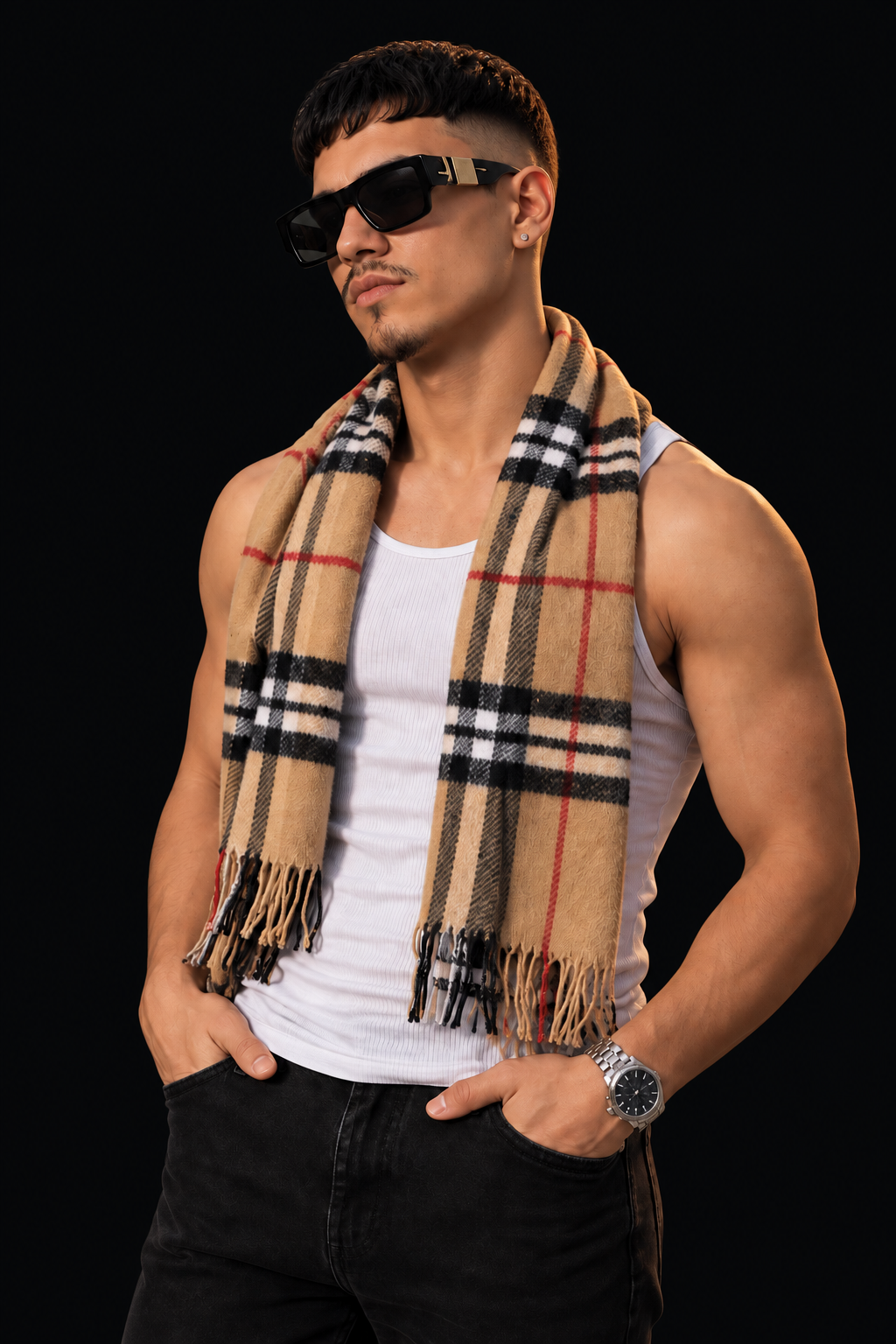 Luceaa wearing sunglasses, a white tank and a plaid scarf